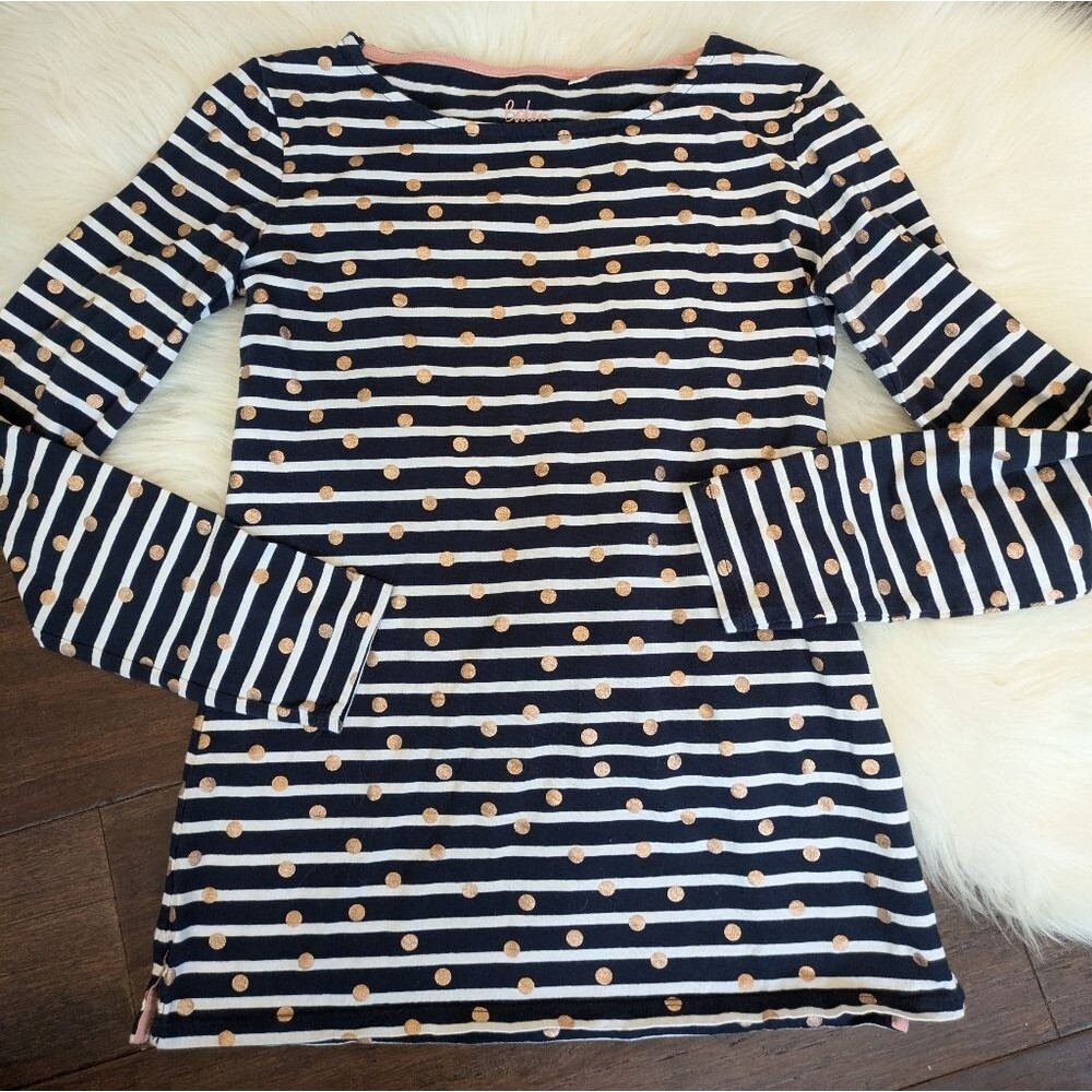 Boden Pink and Blue Fitted Long Sleeve T-shirt with Bateau Neckline